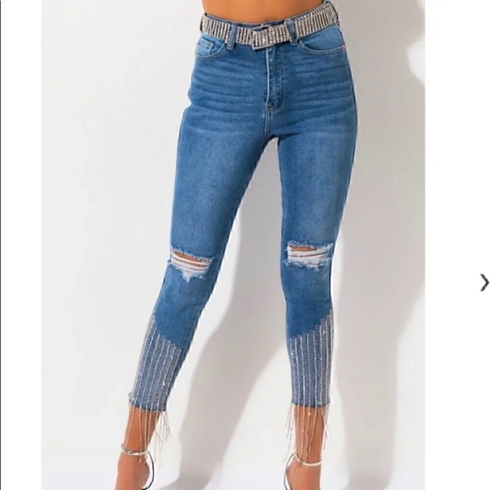 EUC - AKIRA Label Too Good High Waisted Rhinestone Fringe Skinny Jeans - Size 13 - Picture 2 of 15